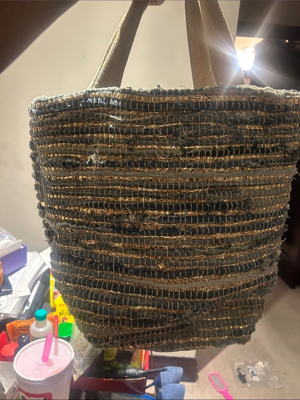 Woven & Denim sequenced Straw Tote Bag in Natural & Navy